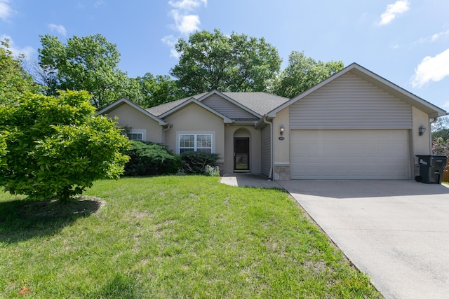 single story home with a garage, a front lawn, concrete driveway, stucco siding, and a shingled roof