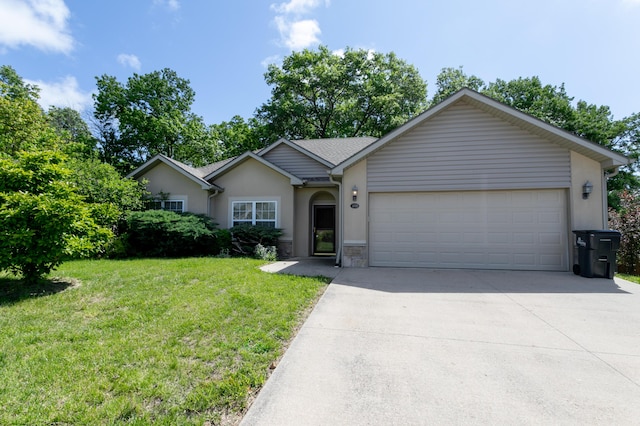 ranch-style house featuring stucco siding, concrete driveway, an attached garage, a front lawn, and stone siding