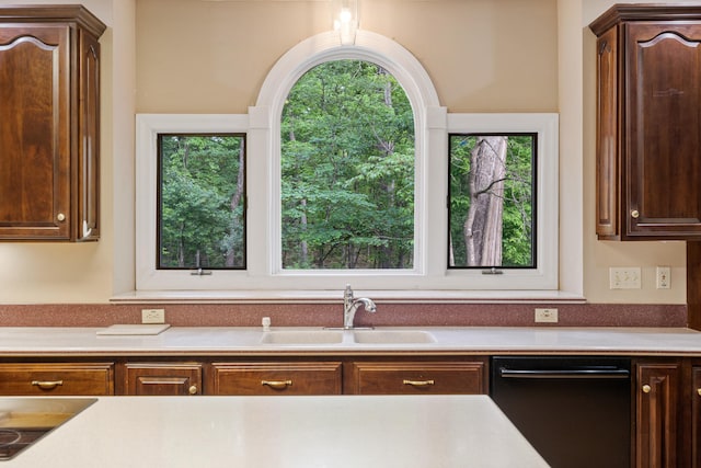 kitchen featuring dishwashing machine, a sink, light countertops, and plenty of natural light