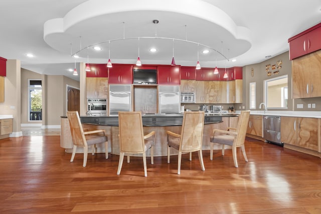 kitchen with appliances with stainless steel finishes, wood finished floors, a spacious island, hanging light fixtures, and recessed lighting