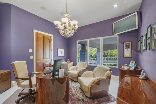 office space with a chandelier, baseboards, and recessed lighting