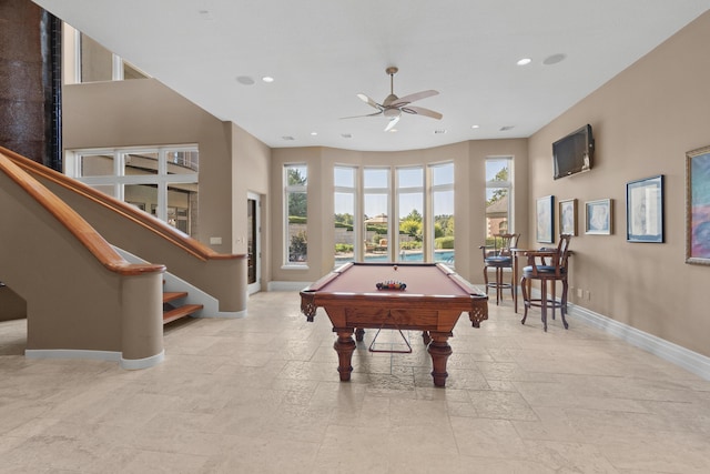 rec room with baseboards, a ceiling fan, recessed lighting, billiards, and stone tile floors