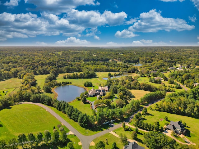 bird's eye view of a nearby body of water and a heavily wooded area
