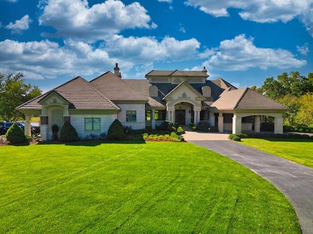 french country inspired facade with stone siding, a front yard, and a tile roof