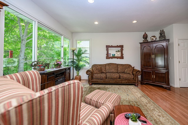 living area with recessed lighting, wood finished floors, and baseboards