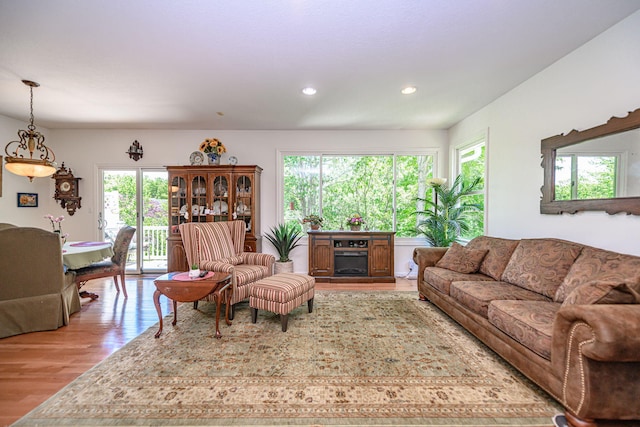 living room featuring wood finished floors, healthy amount of natural light, and recessed lighting