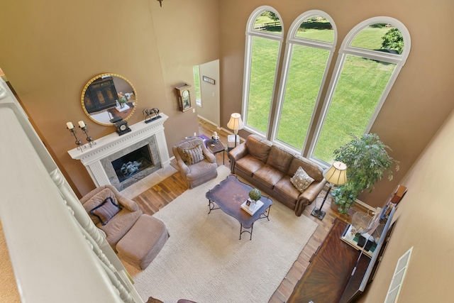 4700 E Deer Noll Rd, Columbia, MO 65201 - living area featuring wood finished floors, plenty of natural light, a towering ceiling, a fireplace, and baseboards