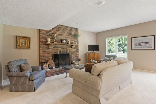 4700 E Deer Noll Rd, Columbia, MO 65201 - living area featuring light carpet, a fireplace, baseboards, and a textured ceiling