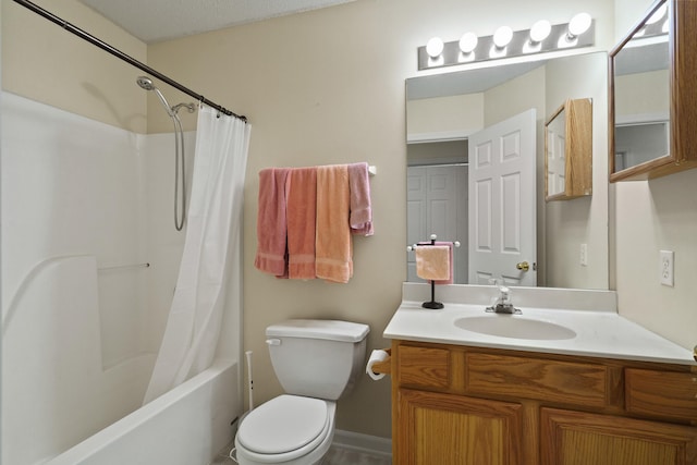 full bath with toilet, vanity, and shower / bath combination with curtain