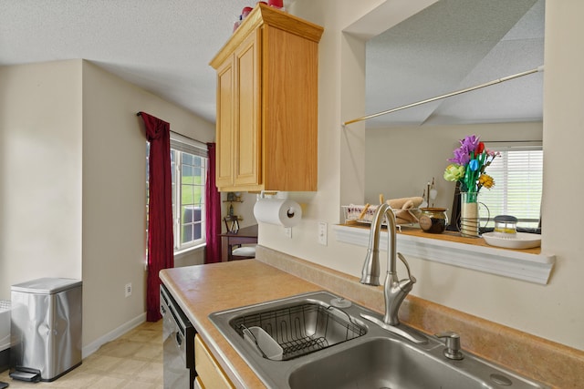 kitchen with a sink, stainless steel dishwasher, a textured ceiling, light brown cabinetry, and light countertops