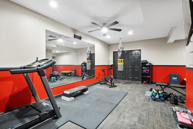 workout area featuring a ceiling fan, wood finished floors, recessed lighting, and baseboards