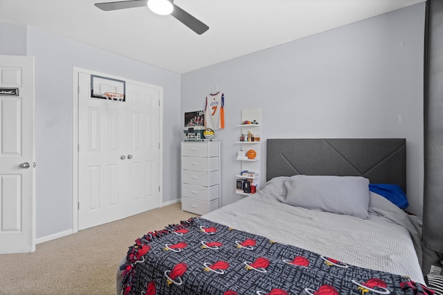 bedroom featuring carpet flooring, ceiling fan, and baseboards