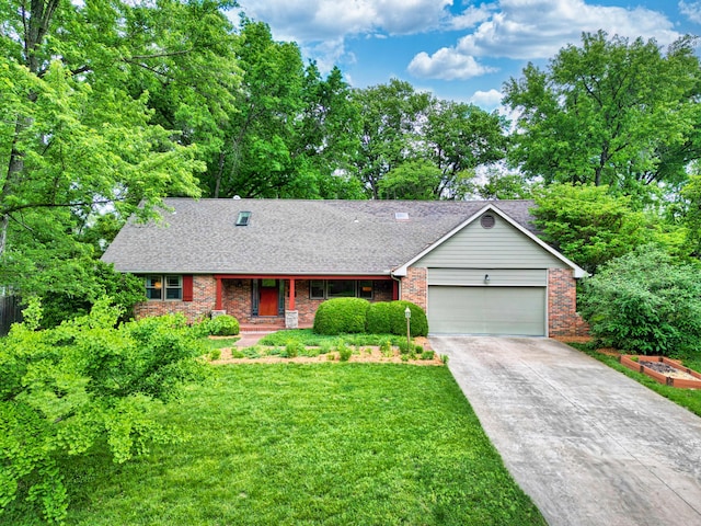 1209 Sunset Dr, Columbia, MO 65203 - ranch-style house featuring an attached garage, brick siding, driveway, a front yard, and a shingled roof