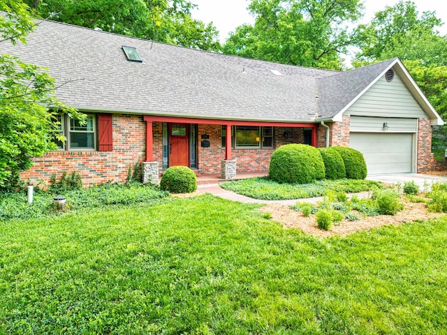 1209 Sunset Dr, Columbia, MO 65203 - view of front facade featuring brick siding, a garage, a porch, a front lawn, and a shingled roof