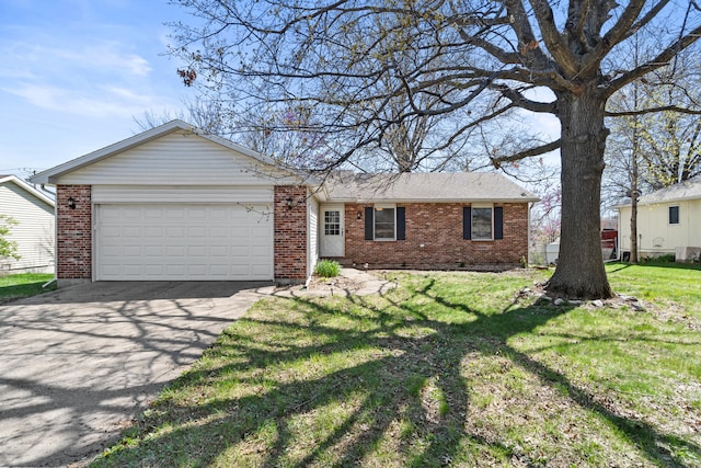 ranch-style house featuring an attached garage, brick siding, driveway, and a front yard