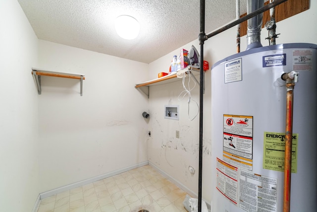 laundry area featuring gas water heater, electric dryer hookup, washer hookup, a textured ceiling, and baseboards