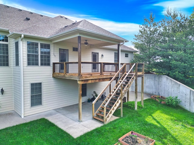 5300 Perche Pointe Pl, Columbia, MO 65203 - rear view of house with a patio, a deck, a ceiling fan, roof with shingles, and stairway