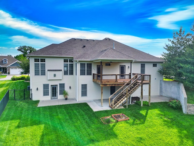 5300 Perche Pointe Pl, Columbia, MO 65203 - rear view of house featuring a patio area, a deck, stairs, ceiling fan, and a shingled roof