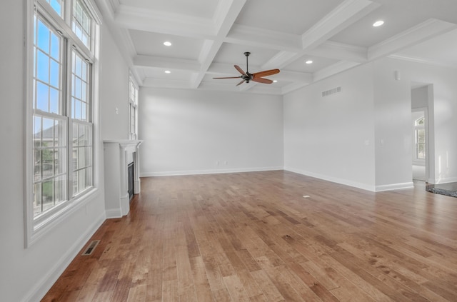 5300 Perche Pointe Pl, Columbia, MO 65203 - unfurnished living room with ceiling fan, beam ceiling, healthy amount of natural light, coffered ceiling, and light wood-style floors