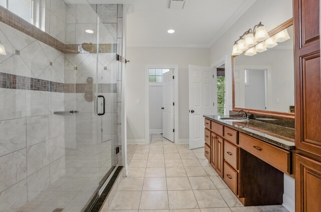 5300 Perche Pointe Pl, Columbia, MO 65203 - bathroom with a stall shower, vanity, ornamental molding, baseboards, and recessed lighting