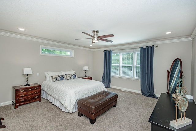bedroom with carpet floors, crown molding, multiple windows, baseboards, and recessed lighting
