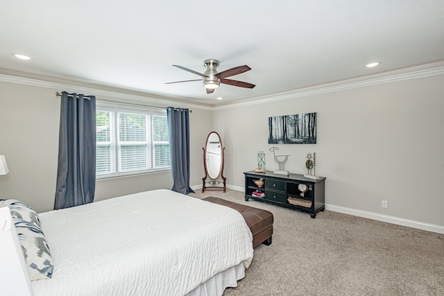 bedroom with crown molding, baseboards, carpet flooring, recessed lighting, and a ceiling fan