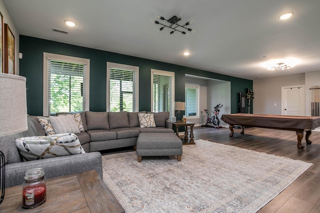 living room with wood finished floors, billiards table, and recessed lighting