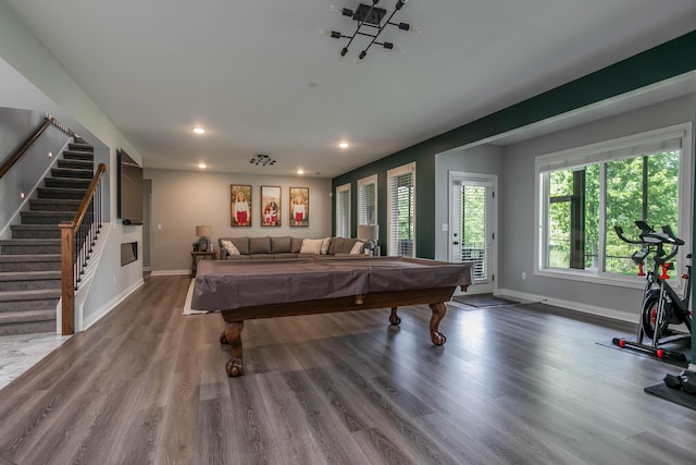 recreation room with billiards table, wood finished floors, recessed lighting, and baseboards