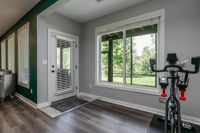 exercise area featuring healthy amount of natural light, dark wood-style floors, and baseboards
