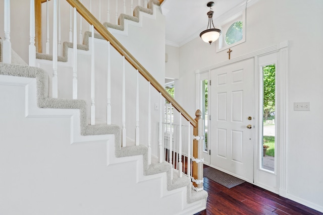 3605 Scottson Way, Columbia, MO 65203 - foyer with dark wood-style floors, stairway, ornamental molding, and baseboards