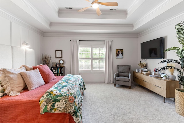 4710 Winding Wood Ct, Columbia, MO 65203 - bedroom with carpet flooring, a tray ceiling, crown molding, and a ceiling fan
