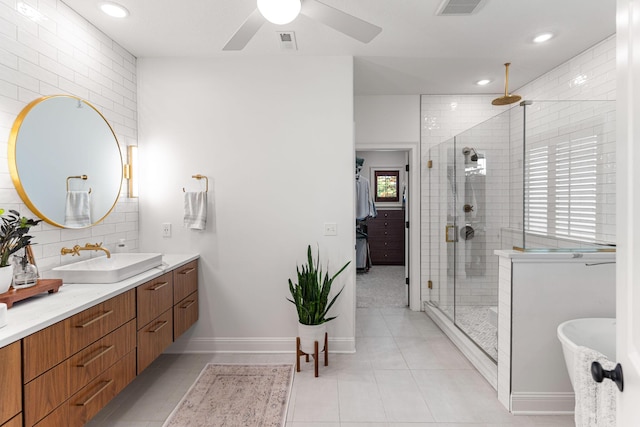 4710 Winding Wood Ct, Columbia, MO 65203 - full bathroom with a stall shower, vanity, ceiling fan, tile patterned flooring, and recessed lighting