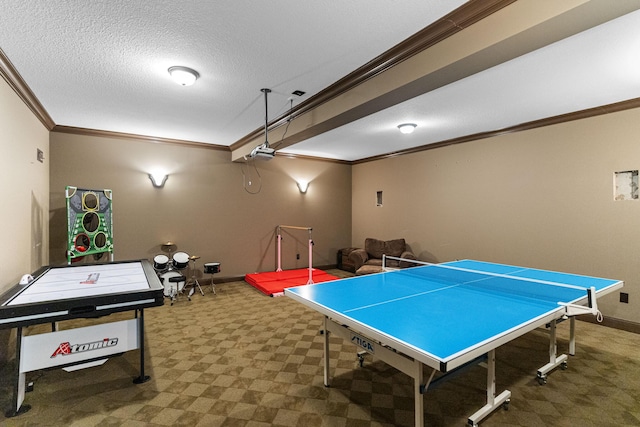 4710 Winding Wood Ct, Columbia, MO 65203 - recreation room featuring crown molding, carpet flooring, and a textured ceiling