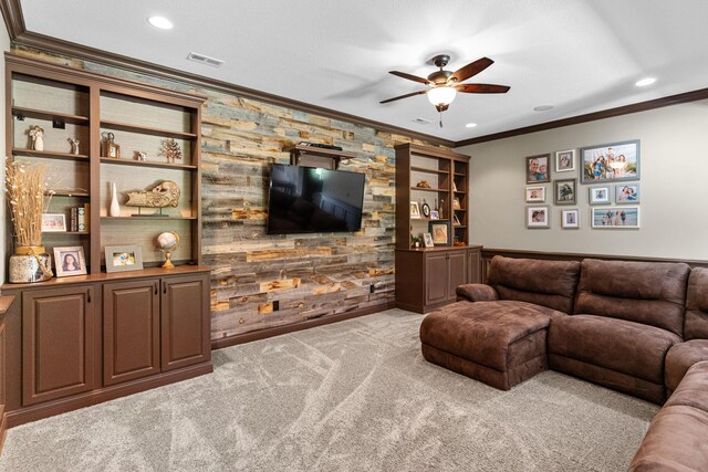 4710 Winding Wood Ct, Columbia, MO 65203 - carpeted living room with crown molding, a ceiling fan, and recessed lighting