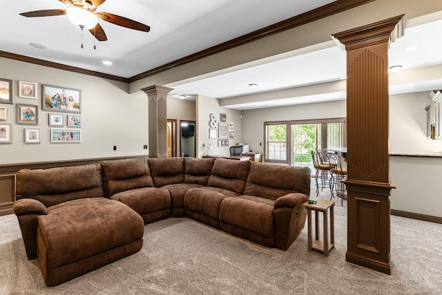4710 Winding Wood Ct, Columbia, MO 65203 - living area with ornate columns, crown molding, light carpet, ceiling fan, and recessed lighting