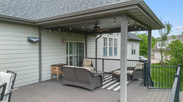 4710 Winding Wood Ct, Columbia, MO 65203 - wooden deck featuring ceiling fan and an outdoor hangout area