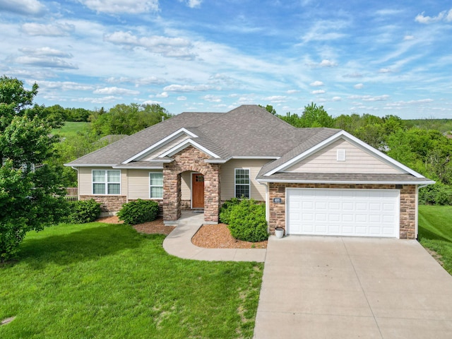 4105 Astoria Way, Columbia, MO 65203 - view of front of property with stone siding, concrete driveway, a front lawn, a garage, and a shingled roof
