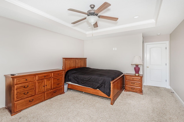 4105 Astoria Way, Columbia, MO 65203 - bedroom featuring light colored carpet, a tray ceiling, ornamental molding, a ceiling fan, and recessed lighting
