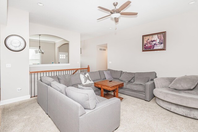 4105 Astoria Way, Columbia, MO 65203 - living room featuring a ceiling fan, carpet, baseboards, recessed lighting, and a chandelier