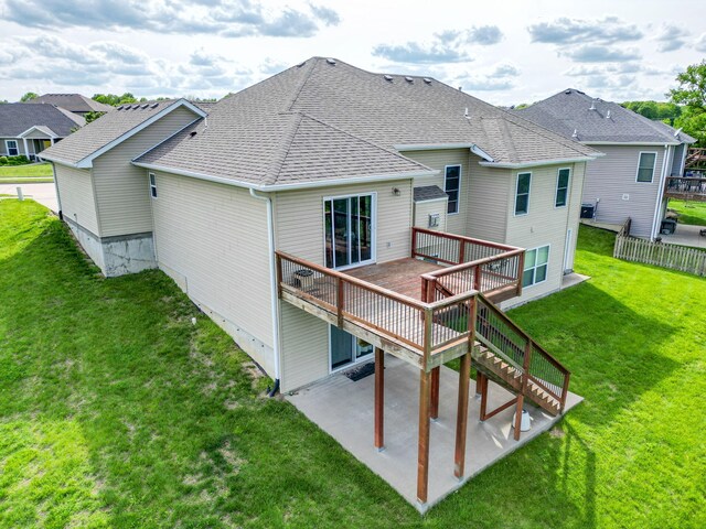 4105 Astoria Way, Columbia, MO 65203 - back of property with a patio area, a wooden deck, a shingled roof, and stairway
