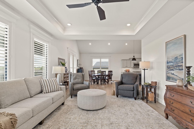 1104 Caymus Ct, Columbia, MO 65201 - living room with light wood-type flooring, recessed lighting, a ceiling fan, baseboards, and ornamental molding