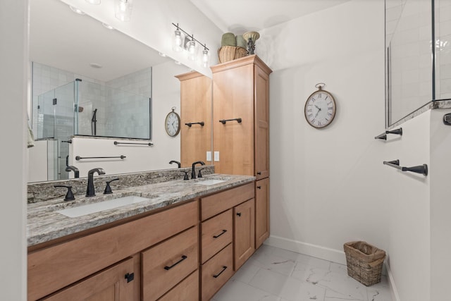 1104 Caymus Ct, Columbia, MO 65201 - bathroom featuring marble finish floors, double vanity, baseboards, and tiled shower