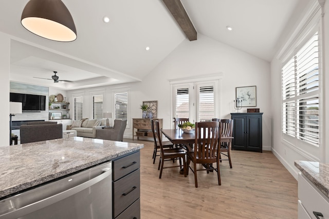 1104 Caymus Ct, Columbia, MO 65201 - kitchen with stainless steel dishwasher, healthy amount of natural light, ceiling fan, light wood-style floors, and recessed lighting