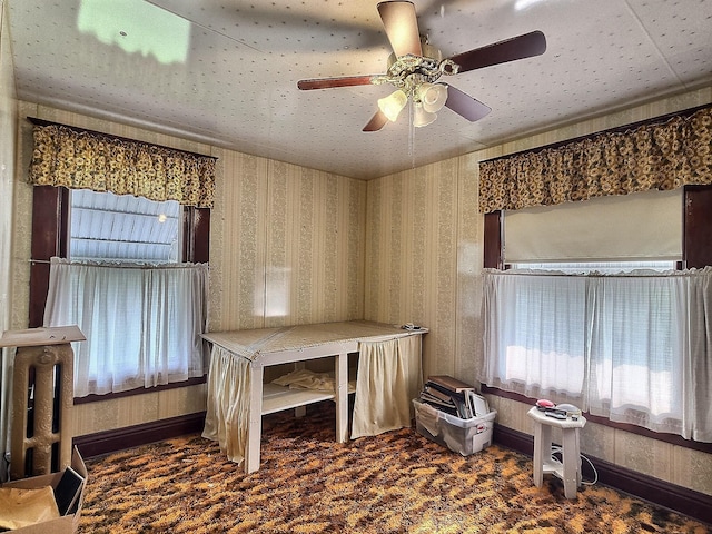 437 N Porter St, Slater, MO 65349 - carpeted home office featuring ceiling fan, wallpapered walls, and baseboards