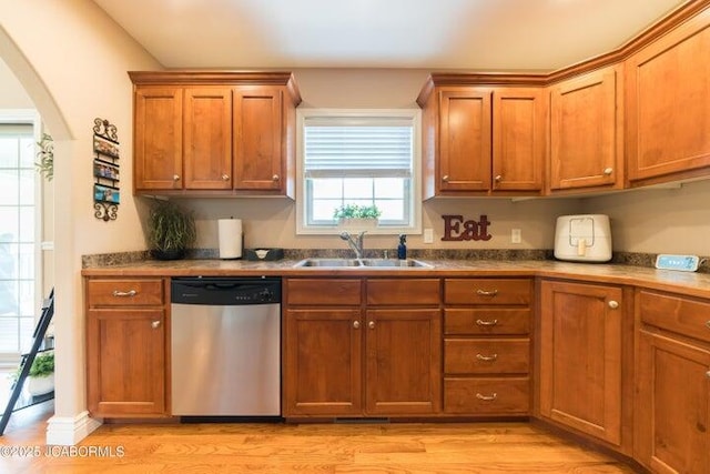 1200 Choctaw Ridge Dr, Holts Summit, MO 65043 - kitchen featuring dishwasher, a sink, light wood-style floors, and brown cabinetry
