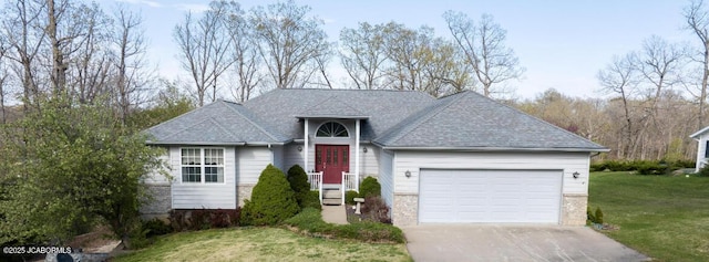 single story home with concrete driveway, a garage, brick siding, a front yard, and a shingled roof