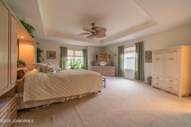 bedroom with a tray ceiling, light colored carpet, and a ceiling fan