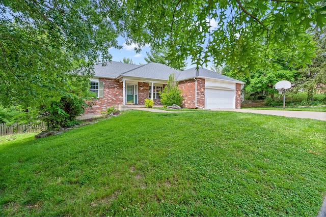 2313 Katy Ln, Columbia, MO 65203 - ranch-style house with concrete driveway, brick siding, a garage, and roof with shingles