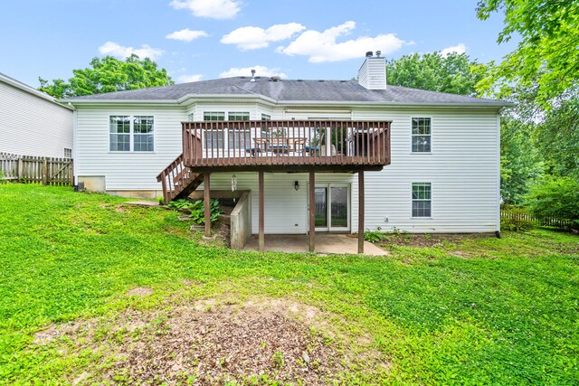 2313 Katy Ln, Columbia, MO 65203 - back of property featuring a wooden deck, a chimney, a patio area, and stairs