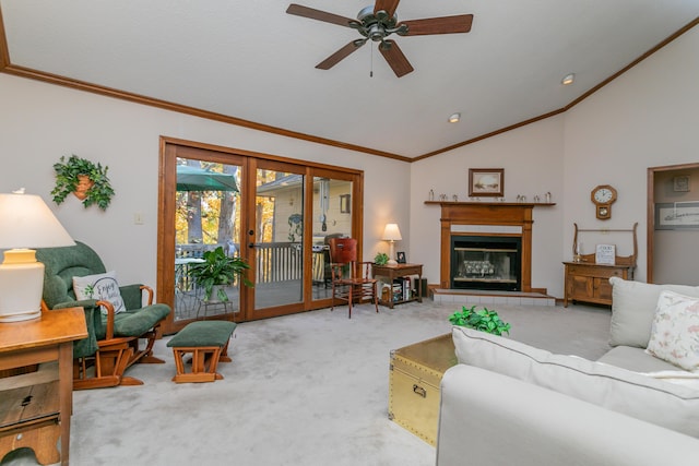 2512 Cimarron Dr, Columbia, MO 65203 - living room featuring lofted ceiling, carpet, ceiling fan, crown molding, and a fireplace